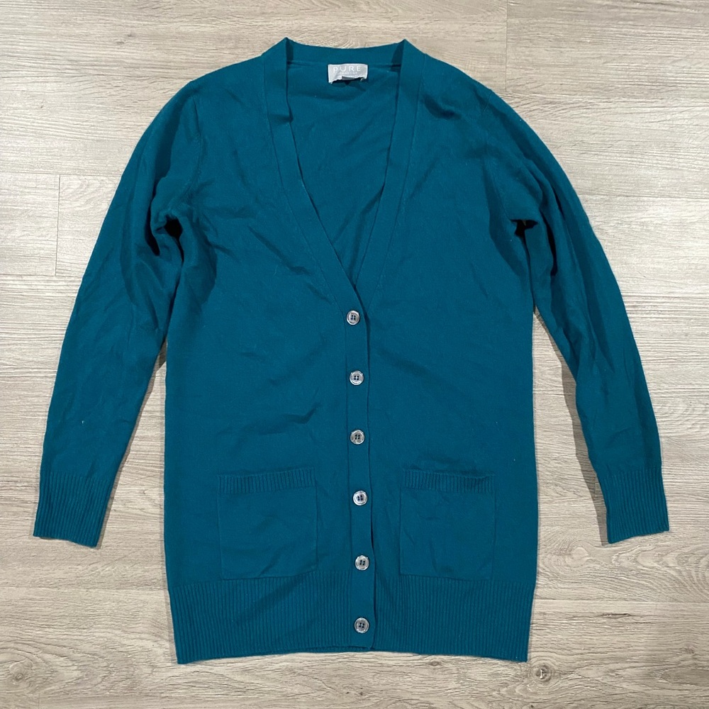Pure Collection‎ Cashmere Boyfriend Cardigan Teal Button-Up Women's Sweater